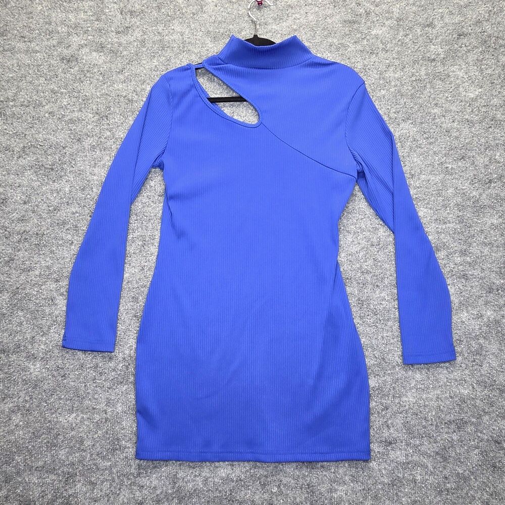Cutout Dress Womens Large Blue Long Sleeve Cut Out Mock Neck Bodycon Mini Party - Picture 2 of 7